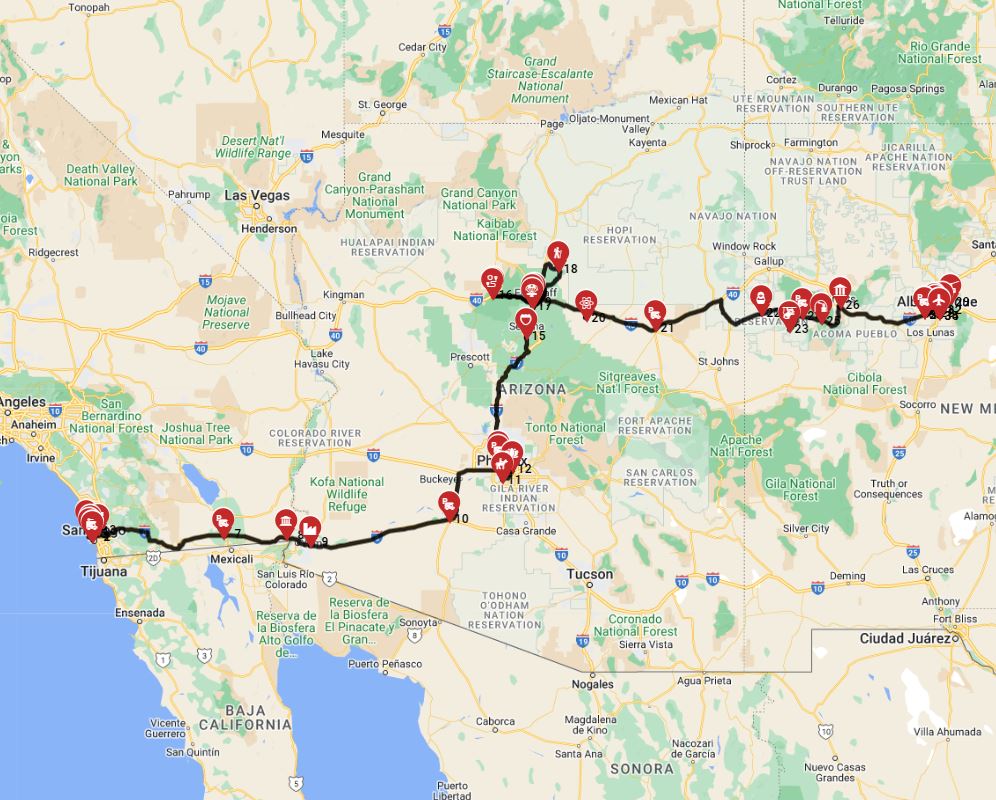 Map for San Diego to Albuquerque - The Southwest Spectacular